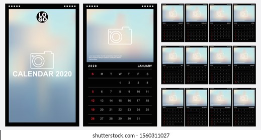 Calendar 2020, Set Desk Calendar Template Design With Place For Photo And Company Logo. Vector Design Editable Template With Set Of 12 Pages For The Twelve Months. Week Starts Sunday.