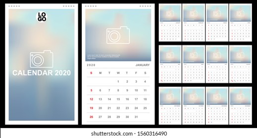 Calendar 2020, Set Desk Calendar Template Design With Place For Photo And Company Logo. Vector Design Editable Template With Set Of 12 Pages For The Twelve Months. Week Starts Sunday.