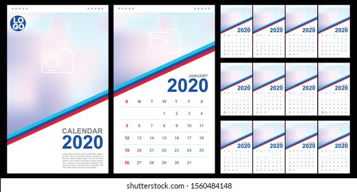 Calendar 2020, Set Desk Calendar Template Design With Place For Photo And Company Logo. Vector Design Editable Template With Set Of 12 Pages For The Twelve Months. Week Starts Sunday.