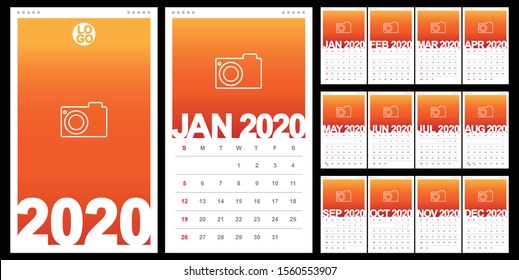 Calendar 2020, Set Desk Calendar Template Design With Place For Photo And Company Logo. Vector Design Editable Template With Set Of 12 Pages For The Twelve Months. Week Starts Sunday.