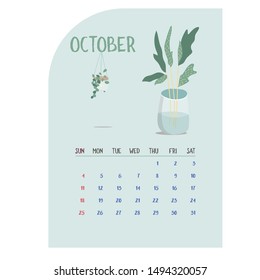 Calendar 2020. Calendar set with modern plants and home garden floral with gold in minimalistic geometric scandinavian style and trendy colors. Week Starts on Sunday. October. Illustrations