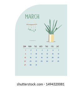 Calendar 2020. Calendar set with modern plants and home garden floral with gold in minimalistic geometric scandinavian style and trendy colors. Week Starts on Sunday. March. Illustrations