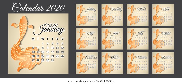 Calendar 2020, a set of calendar templates design with golden koi carp or Goldfish frame. Week Starts on Sunday. Set of 12 Months. background illustration vector