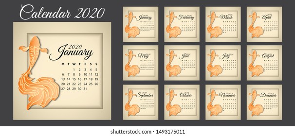 Calendar 2020, a set of calendar templates design with golden koi carp or Goldfish frame. Week Starts on Sunday. Set of 12 Months. background illustration vector