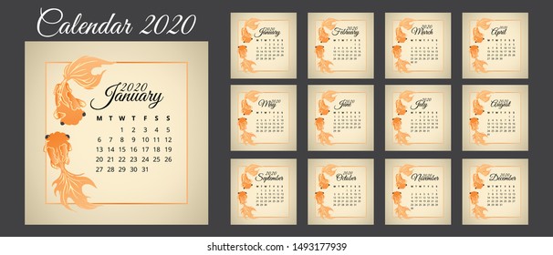 Calendar 2020, a set of calendar templates design with golden koi carp or Goldfish frame. Week Starts on Sunday. Set of 12 Months. background illustration vector