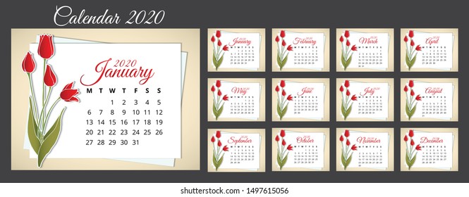 Calendar 2020, a set of calendar templates design with tulip flower frame. Week Starts on Sunday. Set of 12 Months. background illustration vector