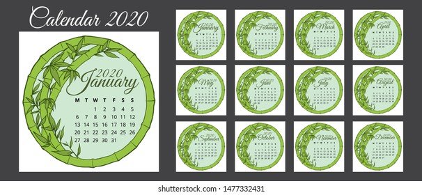 Calendar 2020, a set of calendar templates designed with bamboo frame. Week Starts on Sunday. Set of 12 Months. background illustration vector