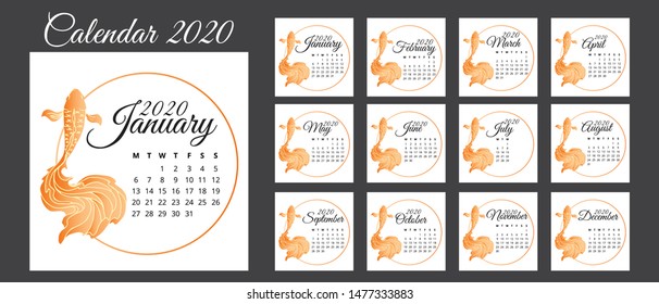 Calendar 2020, a set of calendar templates designed with goldfish or koi fish. Week Starts on Sunday. Set of 12 Months. Background illustration vector