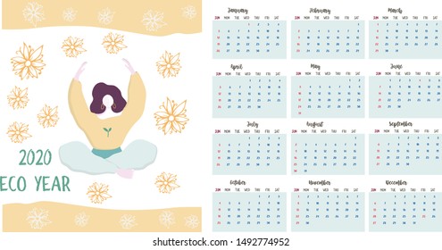 Calendar 2020. Calendar set with yoga woman sitting minimalistic geometric scandinavian style and trendy colors. Week Starts on Sunday. Set of 12 Months minimalist calendars. flat Illustrations