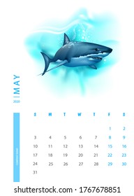 Calendar for 2020 with shark. Vector design template with illustrations of sea animals.