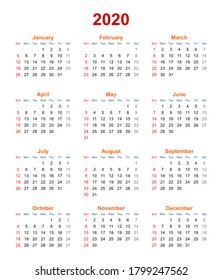 Calendar 2020 showing all 12 months with each week starting from Sunday.