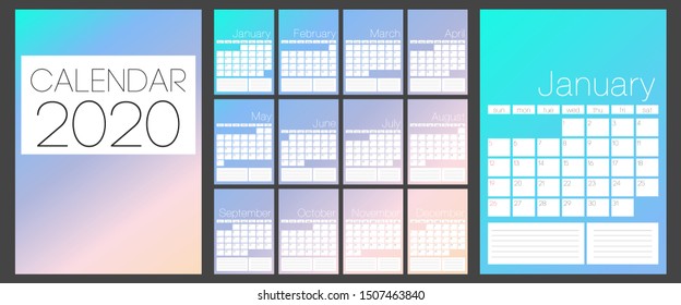 Calendar 2020. Simple Colorful Gradient minimal background. Calendar planner template. Week Starts on Sunday. Set of 12 Months. Vector