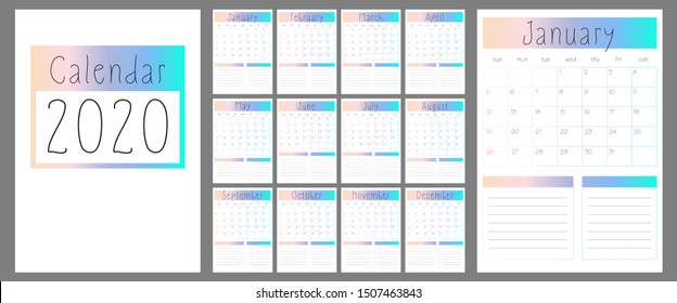 Calendar 2020. Simple Colorful Gradient minimal background. Calendar planner template. Week Starts on Sunday. Set of 12 Months. Vector