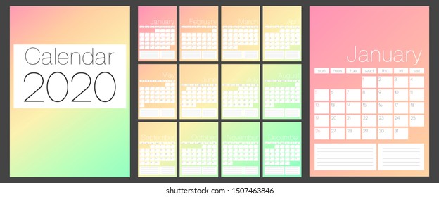 Calendar 2020. Simple Colorful Gradient minimal background. Calendar planner template. Week Starts on Sunday. Set of 12 Months. Vector