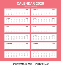 Calendar 2020 simple style. Landscape vector design. Week Starts Monday.
