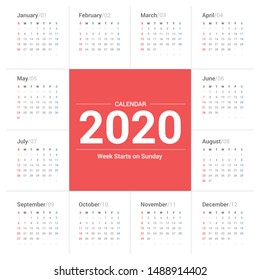 Calendar 2020 simple style on white background. Week starts on Sunday.