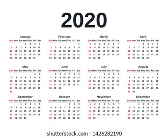 Calendar 2020 in simple style. Vector. Stationery 2020 year template in minimal design. Week starts Sunday. Yearly calendar organizer for weeks. Landscape orientation illustration. 
