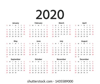 Calendar 2020 in simple style. Vector. Stationery 2020 year template in minimal design. Week starts Sunday. Landscape orientation illustration. Yearly calendar organizer for weeks.