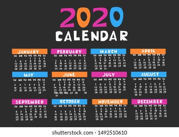 Calendar 2020 simple style. Vector graphics.