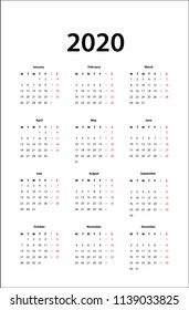 calendar 2020 -  Simple Calendar template for 2020