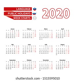 Calendar 2020 in Slovene language with public holidays the country of Slovenia in year 2020. Week starts from Monday. Vector Illustration.