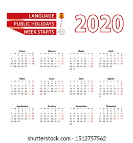 Calendar 2020 in Spanish language with public holidays the country of Chile in year 2020. Week starts from Monday. Vector Illustration.
