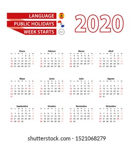 Calendar 2020 in Spanish language with public holidays the country of Paraguay in year 2020. Week starts from Sunday. Vector Illustration.