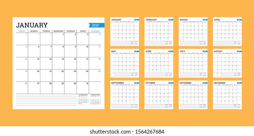 Calendar 2020. Square monthly calendar. Planner template. Minimalist style. Vector illustration. Week starts on Sunday