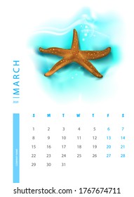 Calendar for 2020 with starfish. Vector design template with illustrations of sea animals. March