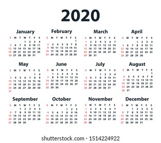 Calendar 2020 starting from Sunday. Vector illustration
