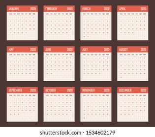 calendar for 2020 starts monday, vector calendar design 2020 year