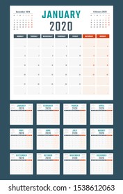 calendar for 2020 starts monday, vector calendar design 2020 year