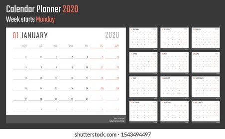 calendar for 2020 starts monday, vector calendar design 2020 year