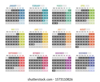 calendar for 2020 starts monday, vector calendar design 2020 year
