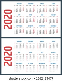 calendar for 2020 starts sunday and monday, vector calendar design 2020 year