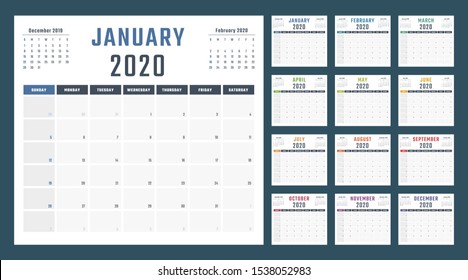 calendar for 2020 starts sunday, vector calendar design 2020 year