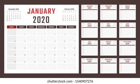 calendar for 2020 starts sunday, vector calendar design 2020 year