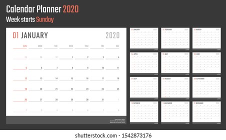 calendar for 2020 starts sunday, vector calendar design 2020 year