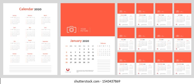 Calendar for 2020 stationary design template. Week starts on Sunday. Set of 12 calendar pages designs print layout. Calendar grid for 2020.  Vector illustration. Isolated background.