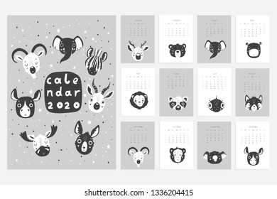 カレンダー ストックベクター画像 白黒の手描きの動物を使った 楽しくかわいいカレンダー 北欧風 ゾウパンダ猫等 のベクター画像素材 ロイヤリティフリー Shutterstock
