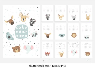 Calendar 2020. Stock vector. Fun and cute calendar with hand drawn animals. Elephant panda cat and others