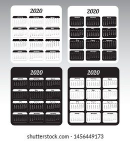 Calendar 2020. Stylish calendar simple design template. Black white vector set. Week starts sunday