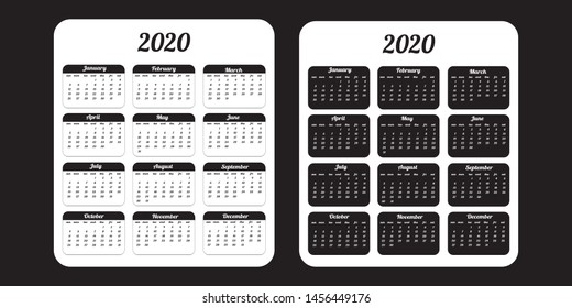Calendar 2020. Stylish calendar simple design template. Black white vector set. Week starts sunday