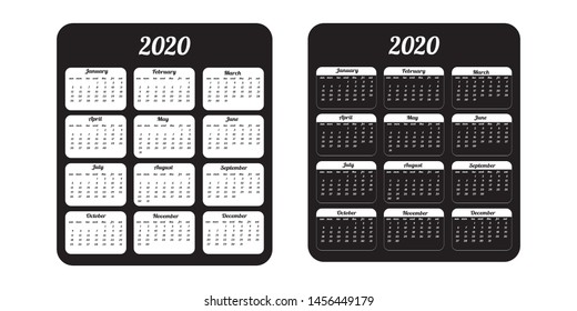 Calendar 2020. Stylish calendar simple design template. Black white vector set. Week starts sunday
