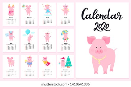 Calendar for 2020 from Sunday to Saturday. Cute pigs in different costumes. Superhero, Princess, Santa Claus. Funny animal. Piggy cartoon character