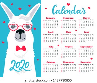 Calendar for 2020 from Sunday to Saturday. Cute llama in glasses and bow tie. Alpaca in love cartoon character. Valentine's Day. Funny animal.