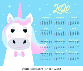 Calendar for 2020 from Sunday to Saturday. Cute unicorn cartoon character. Funny fantastic hero. Fairytale.