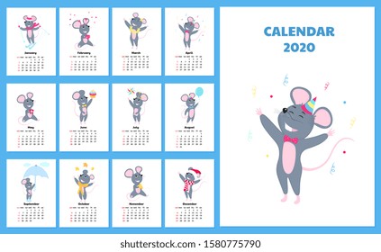 Calendar for 2020 from Sunday to Saturday. Cute rats in different costumes. The symbol of the Chinese New Year. Mouse cartoon character. Funny mice.