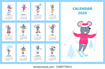 Calendar for 2020 from Sunday to Saturday. Cute rats in different costumes. The symbol of the Chinese New Year. Mouse cartoon character. Funny animal.