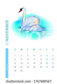 Kalender für 2020 mit Schwan. Vektordesign-Vorlage mit Illustrationen von Meerestieren. November